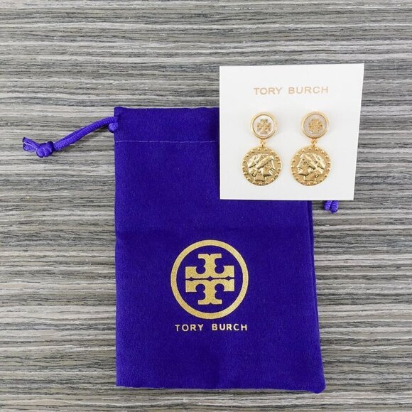 Tory Burch Mother of Pearl Logo Coin Medallion Drop Earrings New Ivory/Tory Gold - Picture 7 of 12